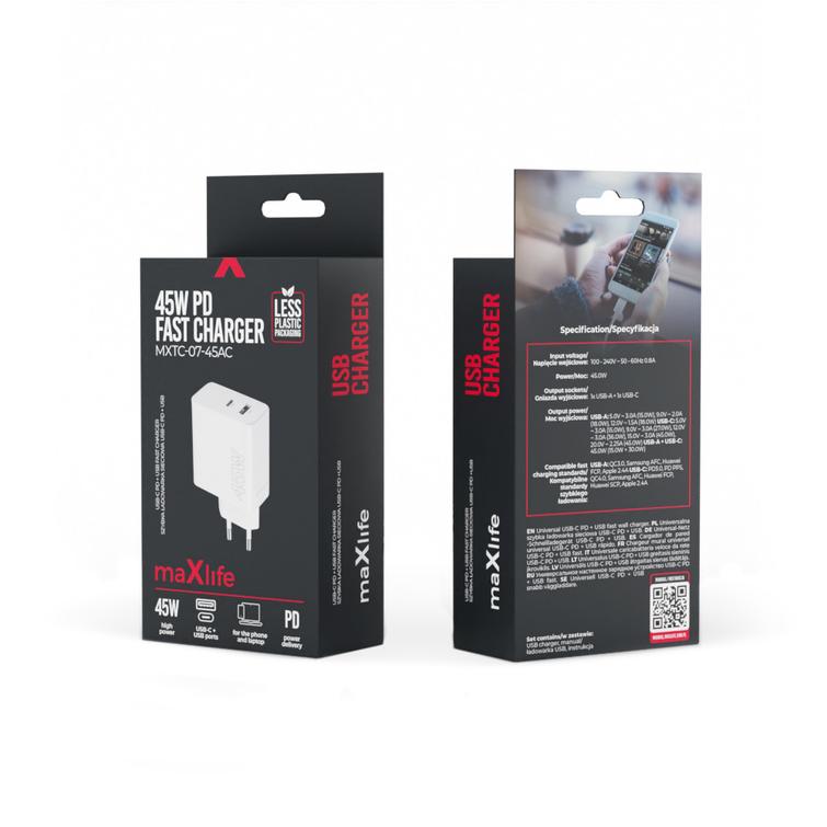 Maxlife MXTC-07-45AC PD QC laturi 1x USB-C 1x USB 45W valkoinen