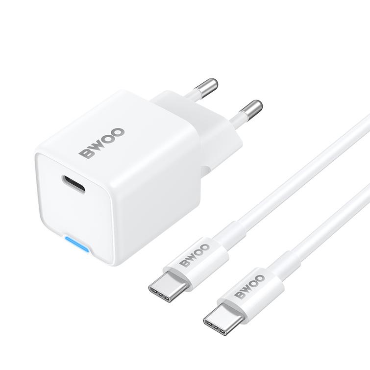 BWOO GaN PD 30W sein&auml;laturi 1x USB-C-portti 60W kaapelilla USB-C 2A valkoinen