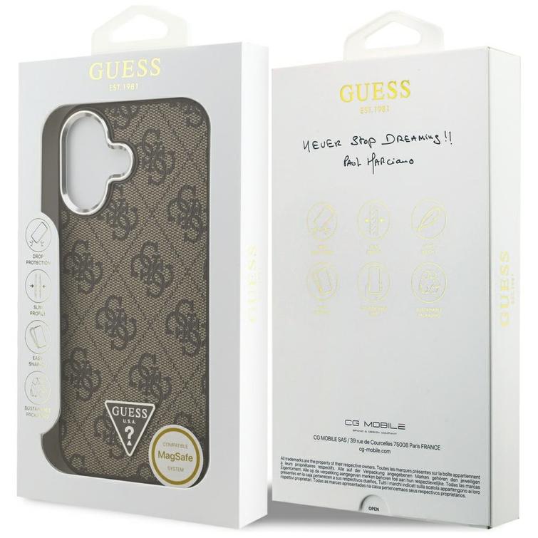 Guess Case Magsafe 4G PU-nahkakotelo kolmiologolla ja hopeisella metallisella kamerakehyksellä iPhone 17:lle, ruskea