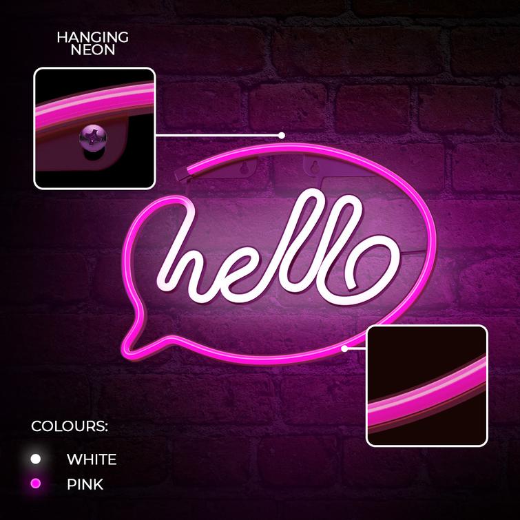 Neon LED-valo HELLO pinkki valkoinen lepakko + USB FLNE15 Forever Light