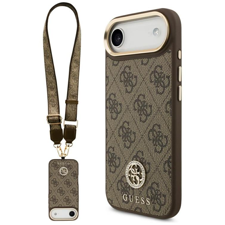 Guess 4G Strass Logo & Big Strap Metal Buttons MagSafe -kotelo iPhone Airille, ruskea