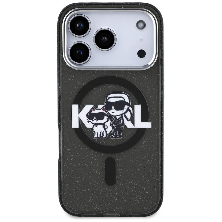 Karl Lagerfeld -kotelo, Magsafe IML -kimallekotelo, metallinen kamerakehys ja napit, Karl and Choupette -luonnoslogo iPhone 17 Prolle, läpinäkyvä