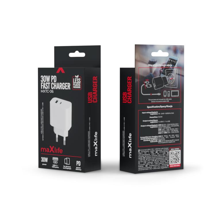 Maxlife MXTC-06 PD QC laturi 1x USB-C 1x USB 30W valkoinen