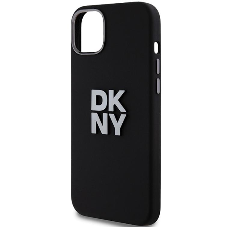 DKNY iPhone 15 Plus 6,7" -puhelimen suojakuori DKHCP15MSMCBSK, musta HC-silikoni ja pinomainen metallilogo.