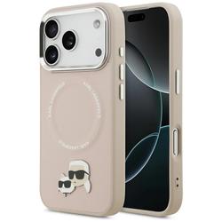 Karl Lagerfeld -kotelo, Magsafe PU -kotelo, jossa Karl&Choupette-p&auml;&auml;t, nastat, logo ja metalliset kamerapainikkeet iPhone 17 Prolle, beige