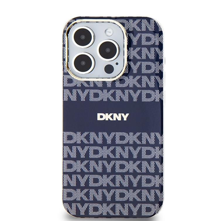 DKNY iPhone 15 Pro 6,1" -puhelimen suojakuori DKHMP15LHRHSEB, nilkkareunainen, HC Magsafe -pintakuvioitu, toistuva kuvio ja raidat.