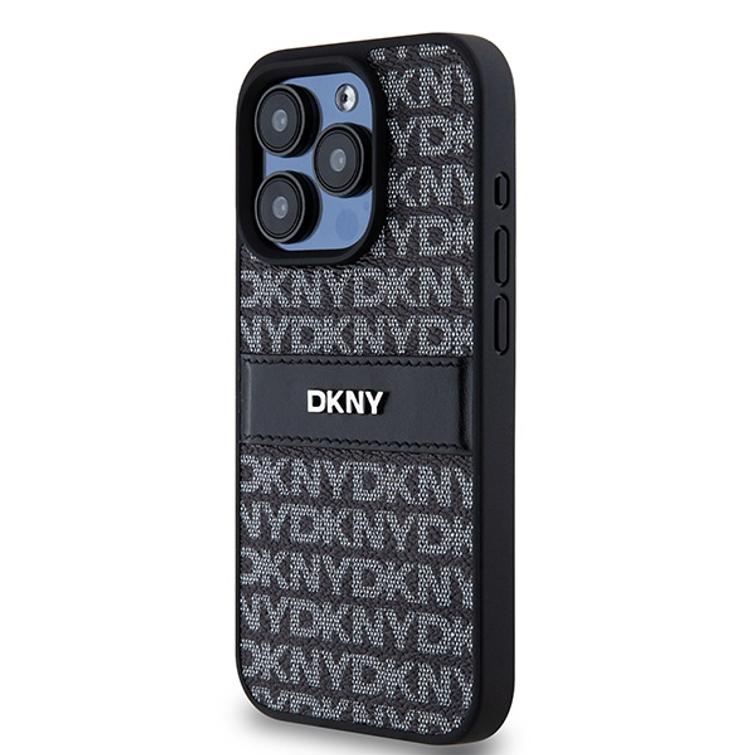 DKNY-suojakuori iPhone 15 Pro Max 6,7":lle DKHCP15XPRTHSLK musta HC PU -kuvioitu toistuva tekstuurikuvio s&auml;vyraidalla.