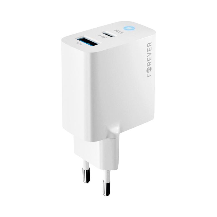 Forever TC-06-33AC GaN PD QC laturi 1x USB-C 1x USB 33W valkoinen