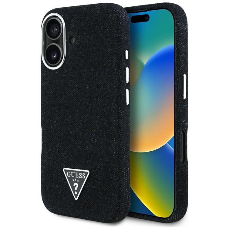 Guess HC MagSafe FW Denim Triangle Logo -kotelo iPhone 16 -puhelimelle, musta