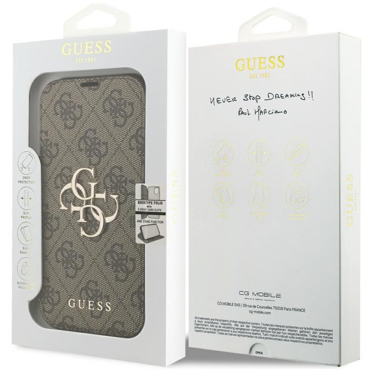 Guess Book 4G Metallinen Logo Suojakuori iPhone 17 Prolle, ruskea
