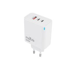 Maxlife MXTC-09-65ACC GaN PD QC laturi 2x USB-C 1x USB 65W valkoinen