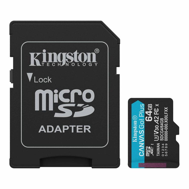 Kingstonin muistikortti 64GB microSDXC Canvas Go Plus Gen4 200MB/s A2 U3 V30 + sovitin