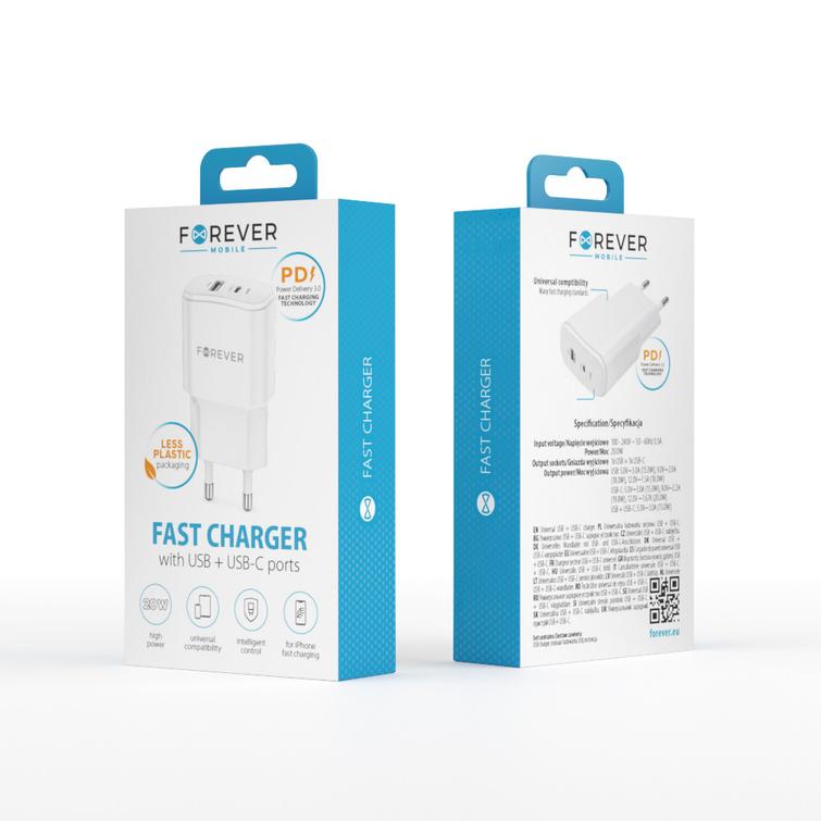 Forever TC-01-20AC PD QC laturi 1x USB-C 1x USB 20W valkoinen