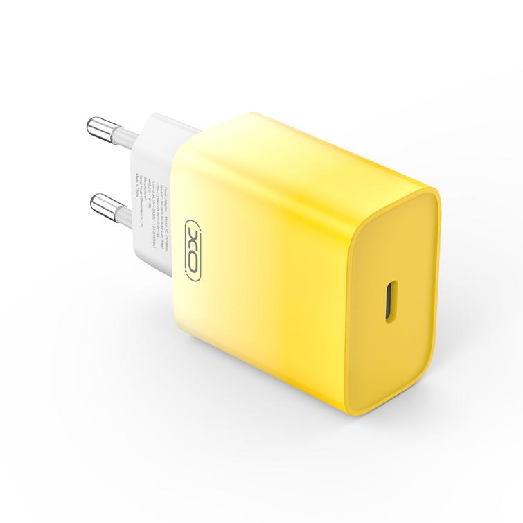 XO sein&auml;laturi CE18 PD 30W 1x USB-C kelta-valkoinen + USB-C-kaapeli - Lightning