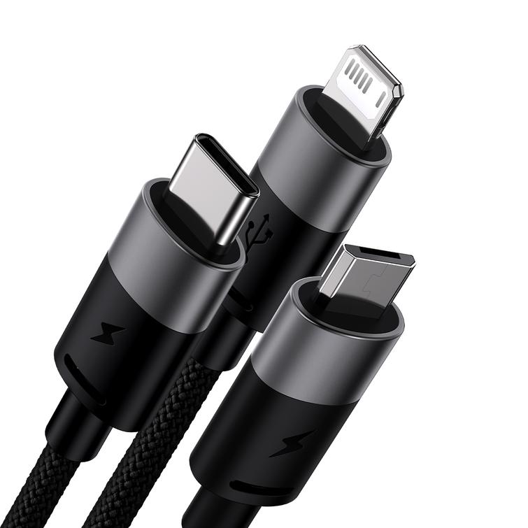 Baseus-kaapeli 3in1 StarSpeed USB - micro USB + Lightning + USB-C 1,2m 3,5A musta