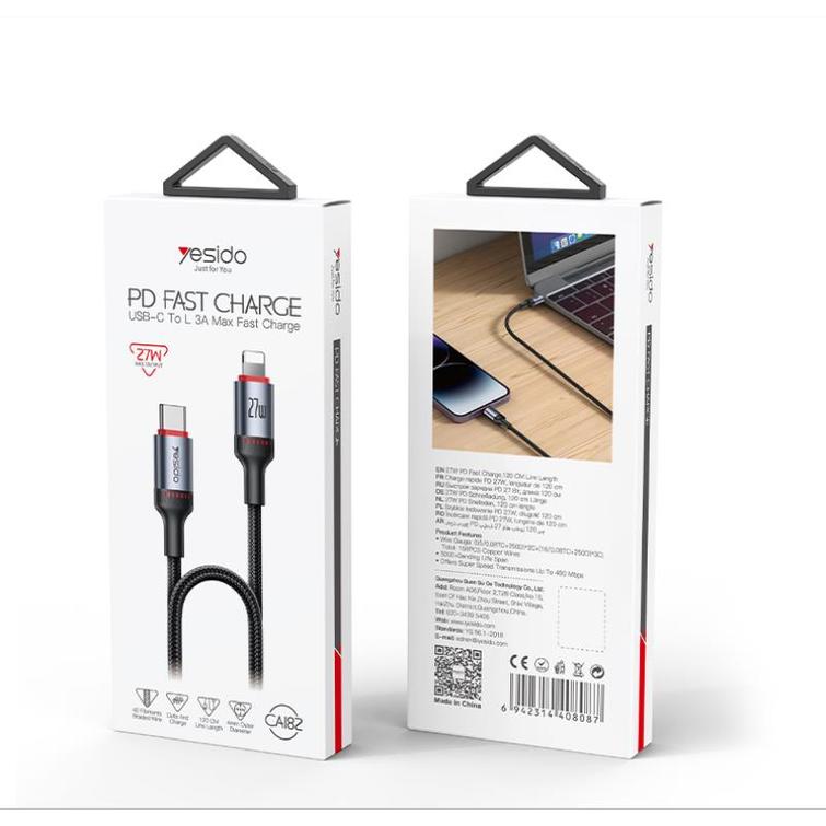 YESIDO CABLE CA182 27W TYPE-C/LIGHTNING 1.2M 3A BLACK