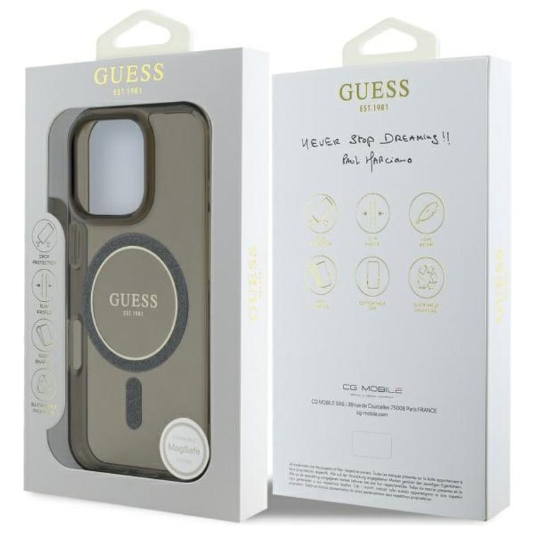 Guess HC MagSafe IML Glitter Circle -suojakuori iPhone 16 Pro Max 6,9":lle, musta