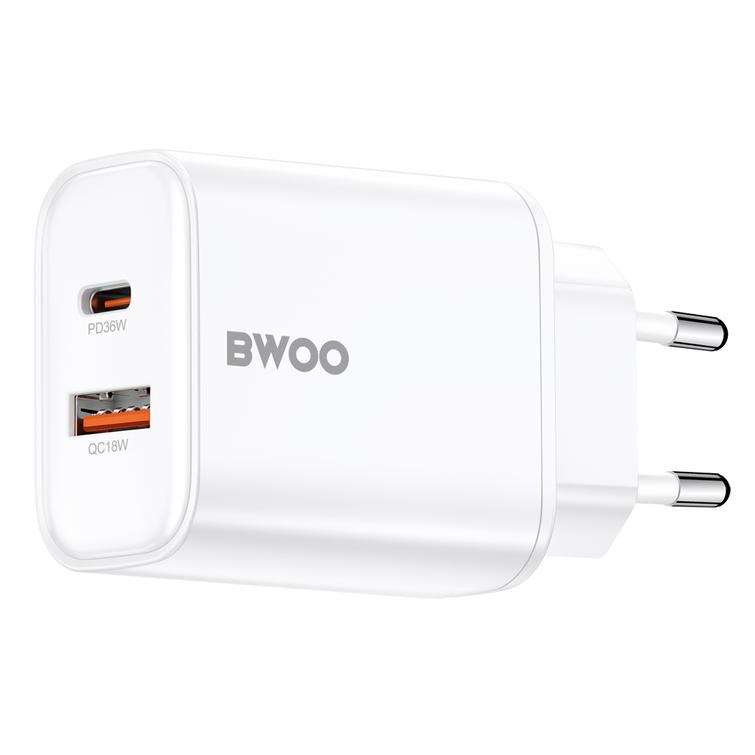 BWOO CDA207 PD 36W sein&auml;laturi 1x USB-A + USB-C -portti valkoinen