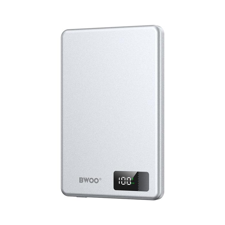 BWOO alumiininen magneettinen varavirtalähde P75 PD 20W 5000 mAh digitaalisella näytöllä ja USB-C-portilla, hopeanvärinen