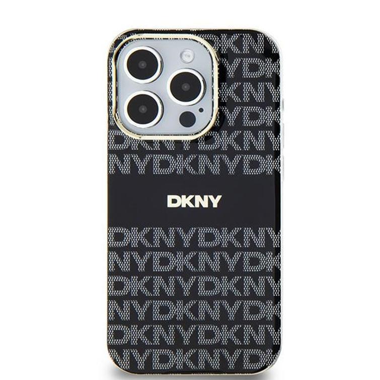 DKNY iPhone 15 Plus 6,7" -suojakuori DKHMP15MHRHSEK musta HC Magsafe PC TPU -suojakuori toistuvalla kuvioinnilla ja raidalla.