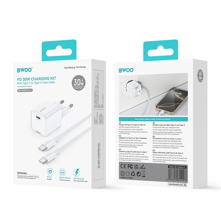 BWOO GaN PD 30W sein&auml;laturi 1x USB-C-portti 60W kaapelilla USB-C 2A valkoinen
