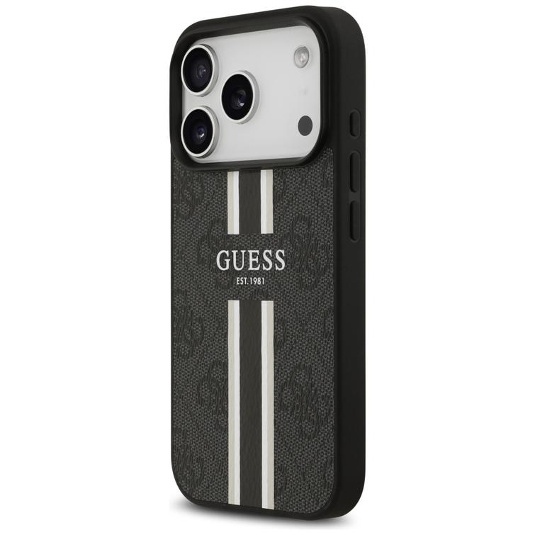 Guess 4G Printed Stripes MagSafe -suojakuori iPhone 17 Prolle, musta