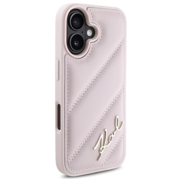 Karl Lagerfeld iPhone 16 6,1" -puhelimen suojakuori, KLHCP16SPQDSMGP, pinkki, kovatikkattu Signature-kuvio.