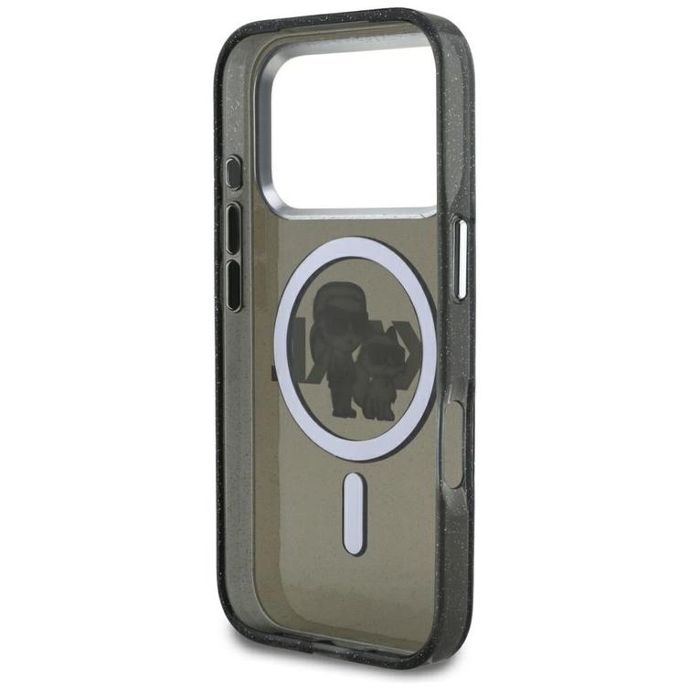 Karl Lagerfeld -kotelo, Magsafe IML -kimallekotelo, metallinen kamerakehys ja napit, Karl and Choupette -luonnoslogo iPhone 17 Prolle, läpinäkyvä