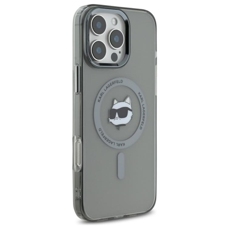 Karl Lagerfeld -suojakuori iPhone 16 Pro Max 6,9":lle. KLHMP16XHLSCHK, musta. Kova IML-kuori metallikuorella, MagSafe-suojakuorella.