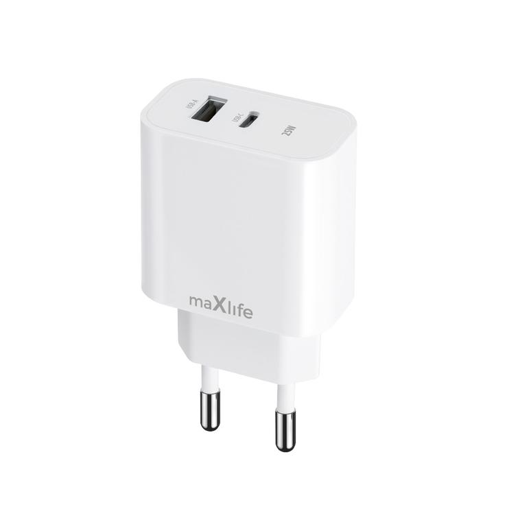Maxlife MXTC-06-25AC PD QC laturi 1x USB-C 1x USB 25W valkoinen