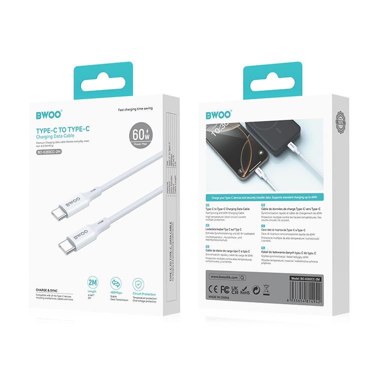 BWOO-kaapeli USB-C - USB-C 2m 60W ABS + TPE valkoinen