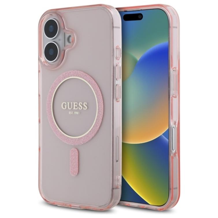 Guess HC MagSafe IML Glitter Circle -suojakuori iPhone 16 6,1":lle, pinkki