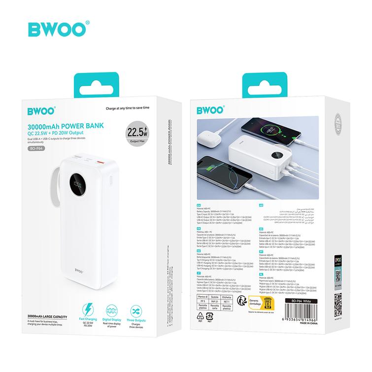 BWOO 22,5W 30000 mAh varavirtal&auml;hde LCD-n&auml;yt&ouml;ll&auml;, valkoinen
