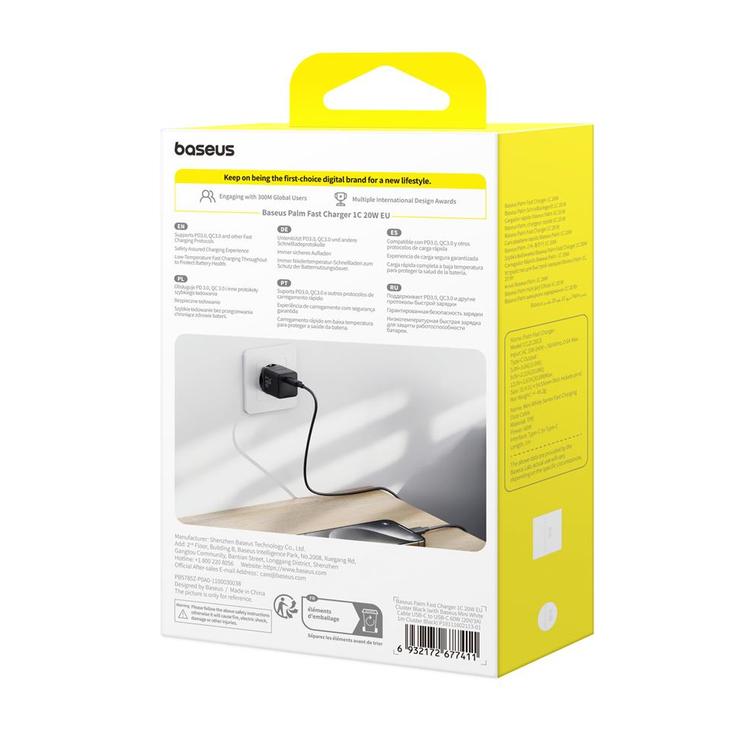 Baseus Palm Fast Charger Wall Charger 20W 1&times;USB-C Wall Charger + Cable Cluster Black