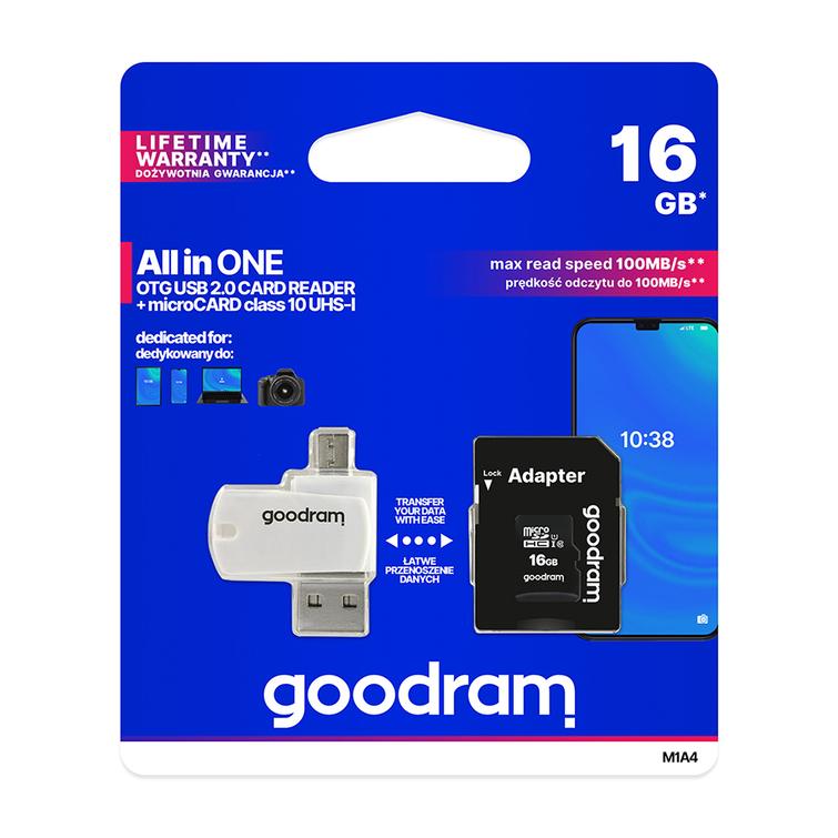 GoodRam muistikortti 16GB microSDHC cl. 10 UHS-I + sovitin + kortinlukija