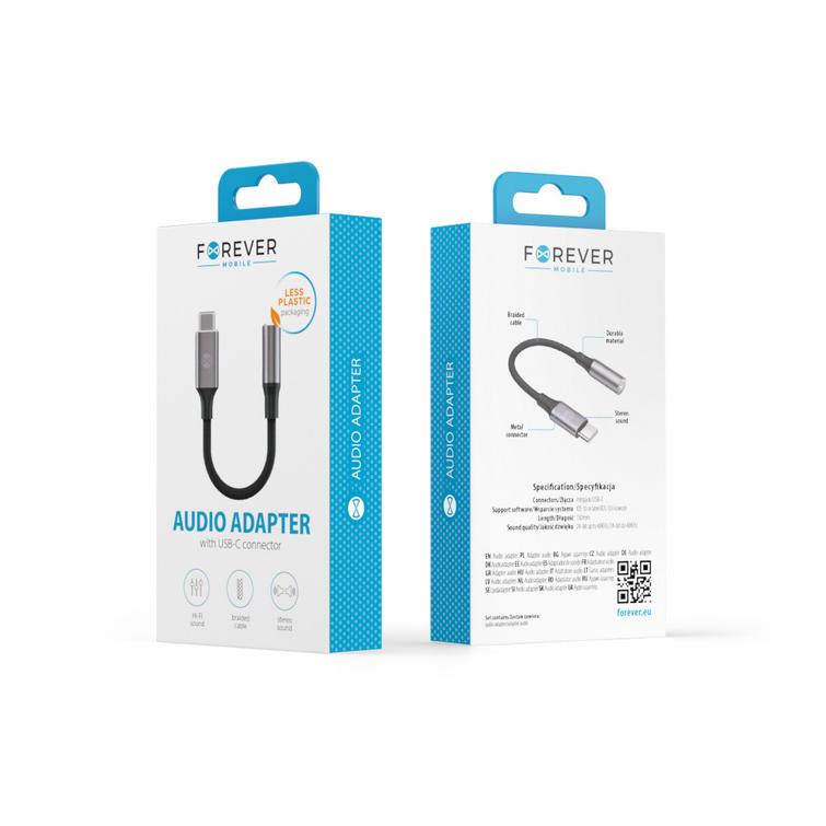 Forever-sovitin äänikaapelille AJC-01, 3,5 mm jakki - USB-C, musta