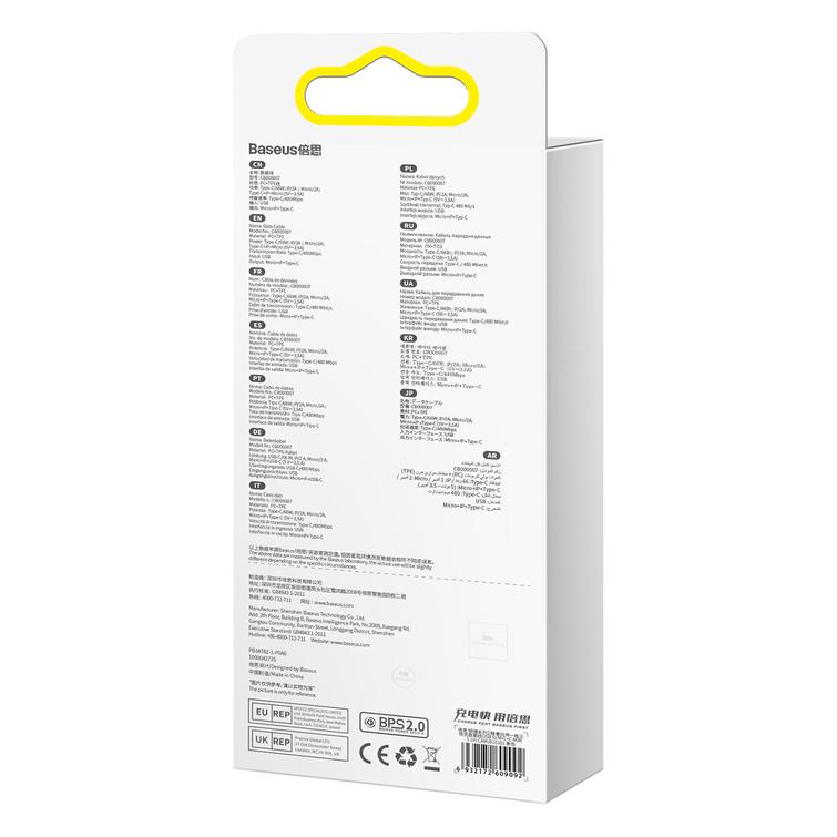 Baseus-kaapeli Bright Mirror 2 3w1 USB - micro USB + Lightning + USB-C 1,1m 66W musta sis&auml;&auml;nvedett&auml;v&auml;