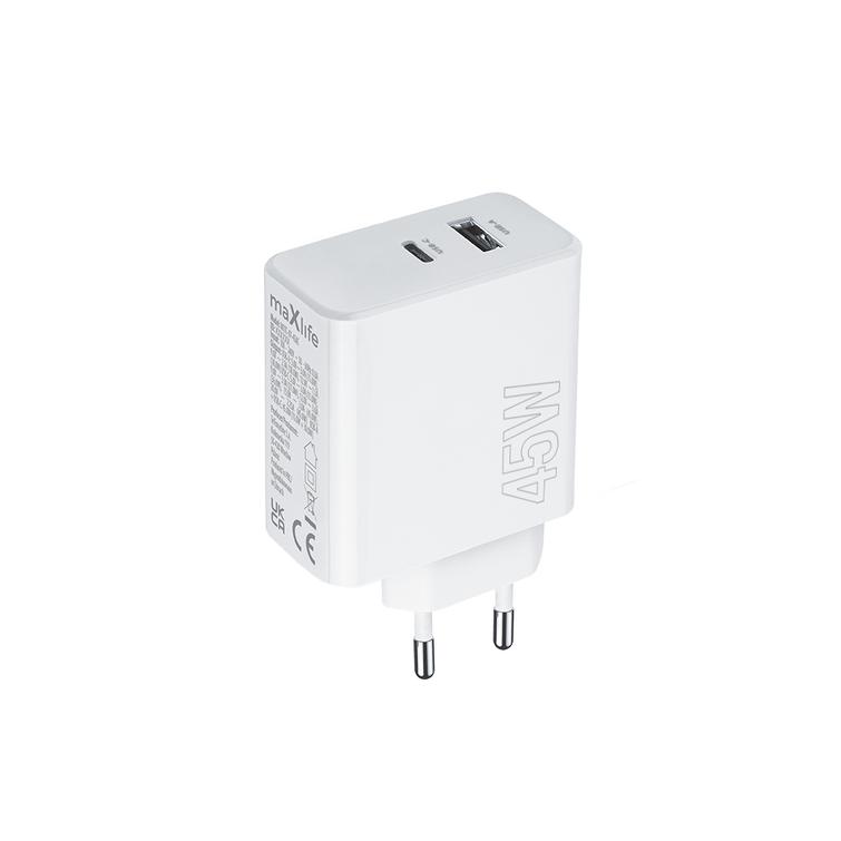 Maxlife MXTC-07-45AC PD QC laturi 1x USB-C 1x USB 45W valkoinen