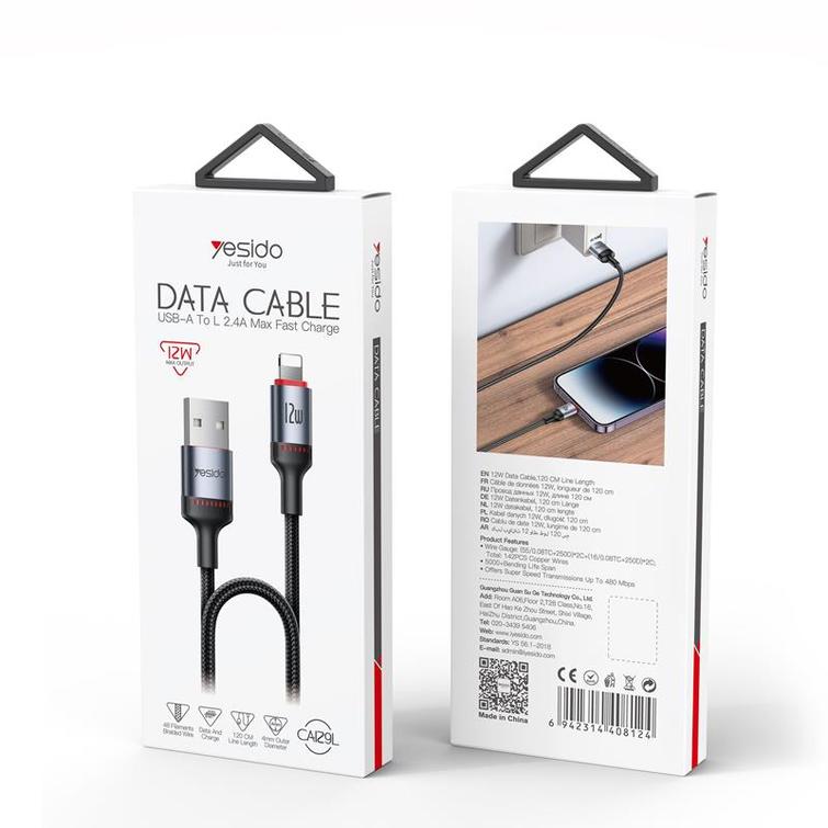 YESIDO CABLE CA129L 12W TYPE-C/LIGHTNING 1,2M 2A BLACK