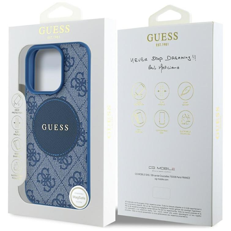 Guess HC MagSafe PU 4G Circle -suojakuori klassisella logolla iPhone 16 Pro Maxille, sininen