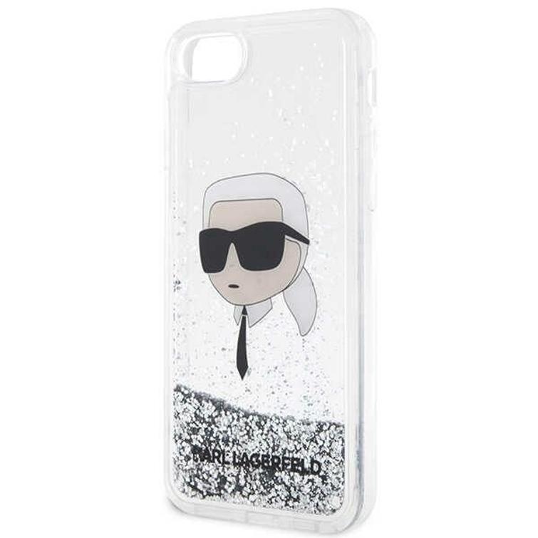 Karl Lagerfeld -suojakuori iPhone 7 / 8 / SE:lle KLHCI8LNKHCH hopeinen HC Liquid Glitter NFT Karl's Head