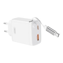 XO-seinälaturi CE31 1x USB 1x USB-C 30W valkoinen sisäänvedettävällä USB-C-kaapelilla