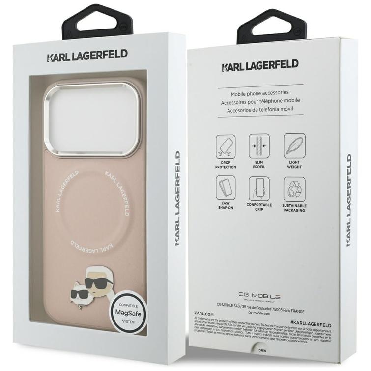Karl Lagerfeld -kotelo, Magsafe PU -kotelo, jossa Karl&Choupette-p&auml;&auml;t, nastat, logo ja metalliset kamerapainikkeet iPhone 17 Prolle, beige