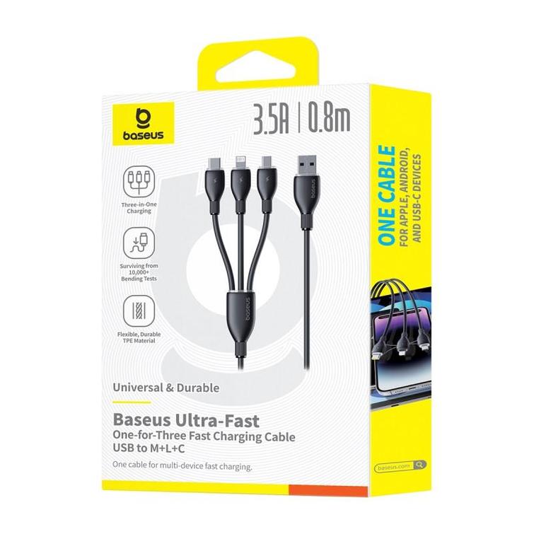 Baseus Ultra Fast One-for-Three -pikalatauskaapeli USB-A - M+L+C 3.5A 0.8m Kosminen Musta