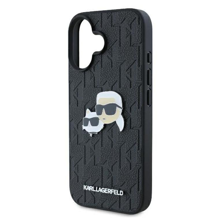 Karl Lagerfeld iPhone 16 6,1" -puhelimen kuoret, KLHCP16SPGKLKCPK, musta, kova monogrammikuvioinen Karl&Choupette-neula.