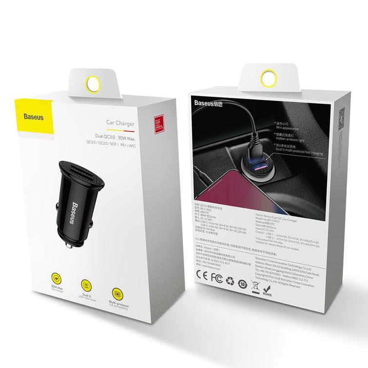 Baseus Dual QC 3.0 USB 2x 30W PD autolaturi 2x USB-porttia 4.8A 60W musta