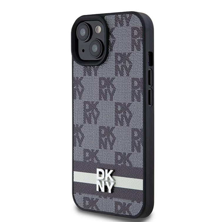DKNY iPhone 15 Plus 6,7" -puhelimen suojakuori DKHCP15MPCPTSSK, musta, HC PU -ruutukuvio ja painetut raidat.