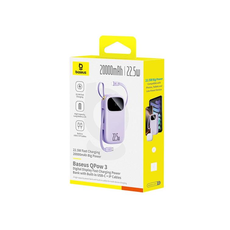 Baseus Qpow3 Digitaalinen N&auml;yt&ouml;llinen Pikalataus Varavirtal&auml;hde 22.5W 20000mAh Nebula Purple