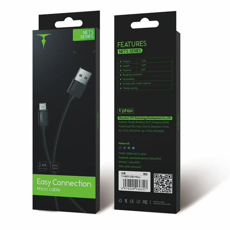 CABLE T-PHOX NETS MICRO USB BLACK 3A ; PVC ; 1,2M