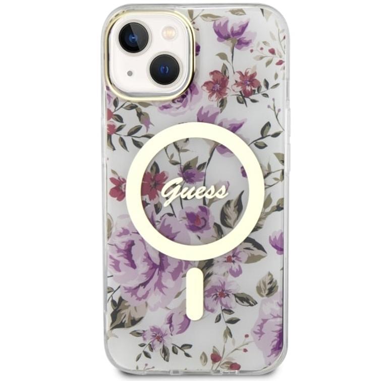 Guess iPhone 14 6,1" -puhelimen kuoret GUHMP14SHCFWST - l&auml;pin&auml;kyv&auml; kovakuori, Magsafe IML Flower